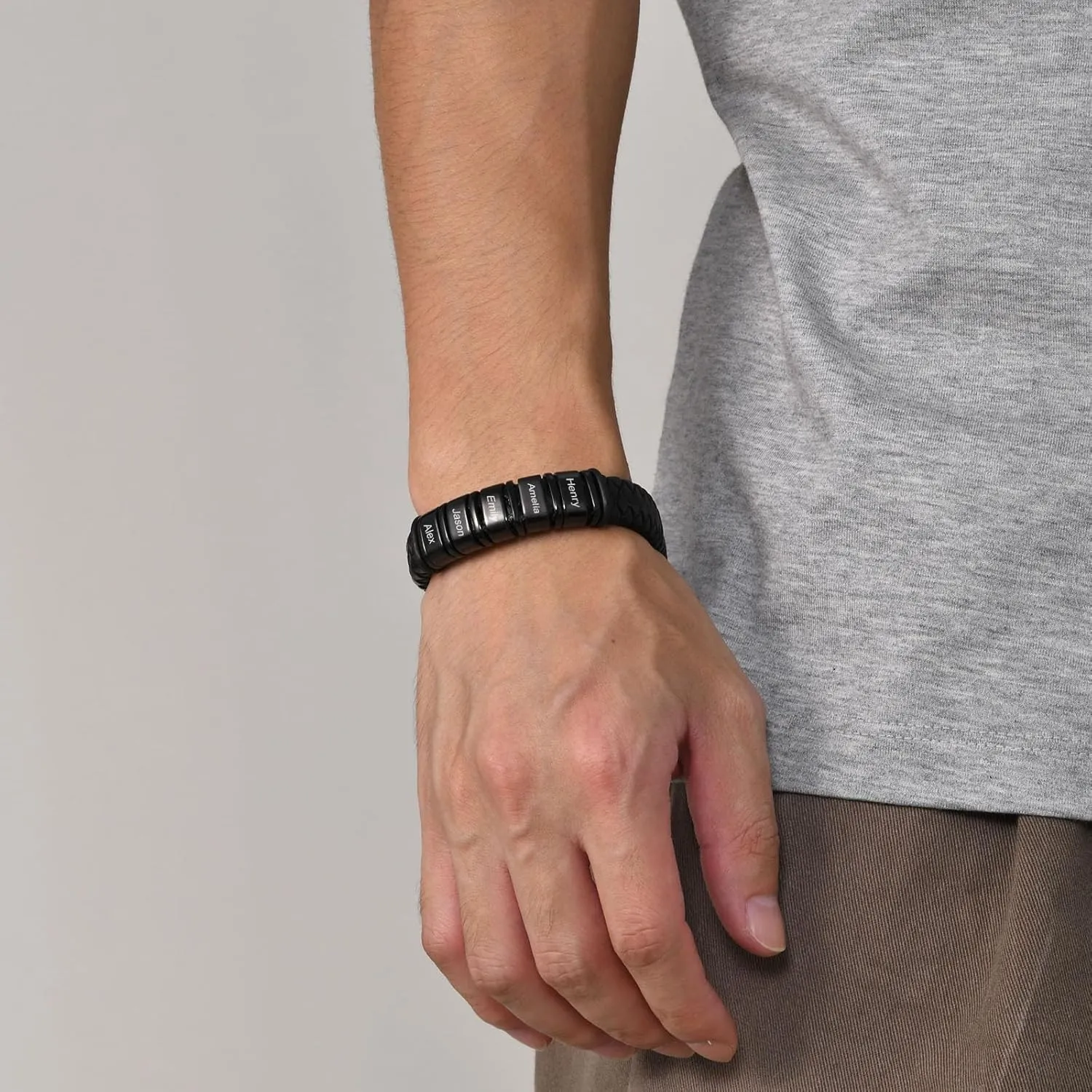 Personalized Leather Bracelet for Men - Leather Braided Custom Bracelets 2-6 Beads Mens Engraved Bracelet Name Customized Bracelets Jewelry Gifts for Husband, Dad, Grandfather