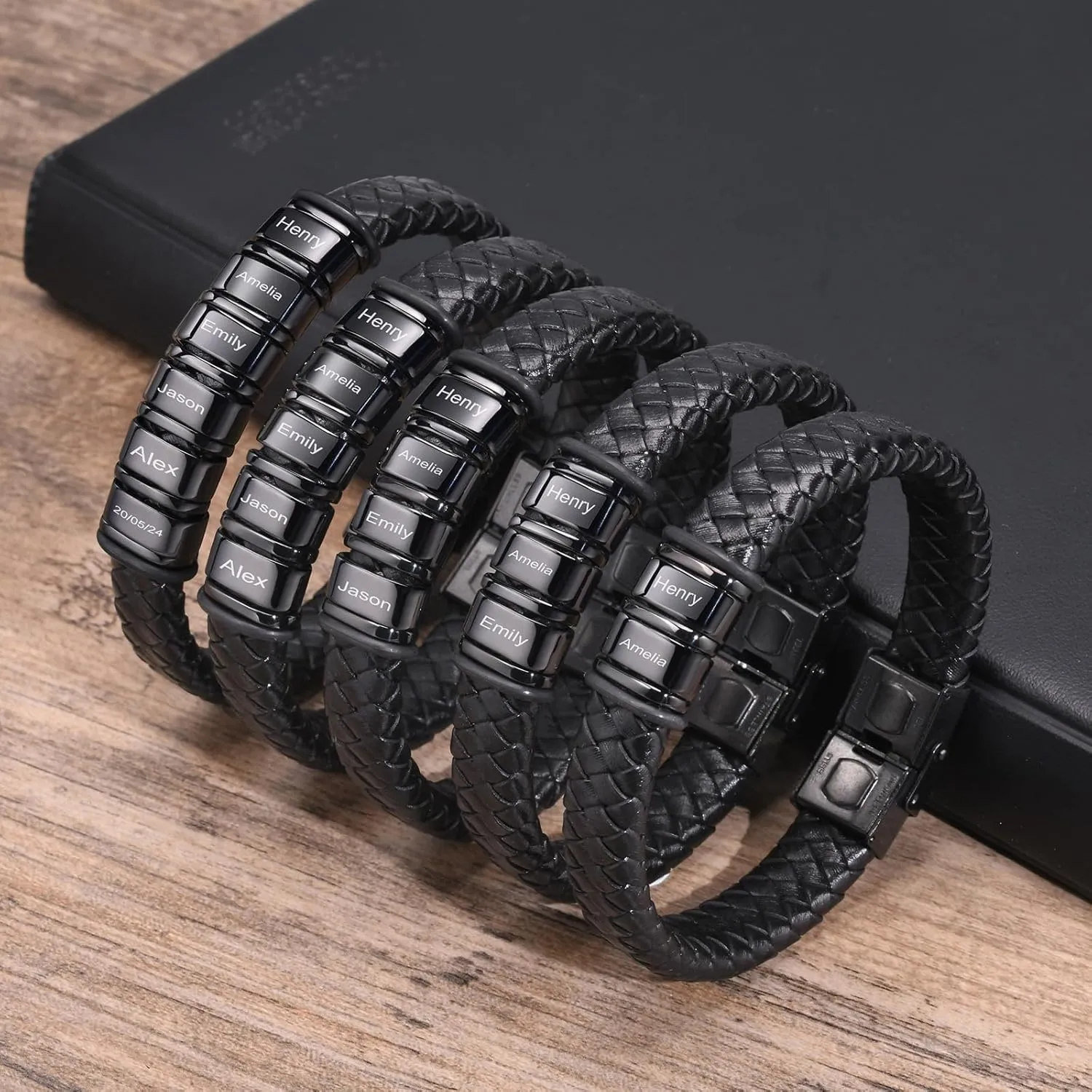 Personalized Leather Bracelet for Men - Leather Braided Custom Bracelets 2-6 Beads Mens Engraved Bracelet Name Customized Bracelets Jewelry Gifts for Husband, Dad, Grandfather