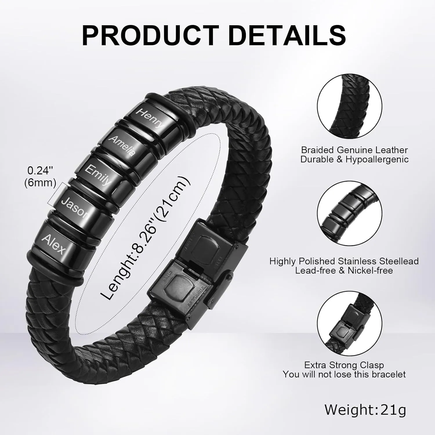 Personalized Leather Bracelet for Men - Leather Braided Custom Bracelets 2-6 Beads Mens Engraved Bracelet Name Customized Bracelets Jewelry Gifts for Husband, Dad, Grandfather