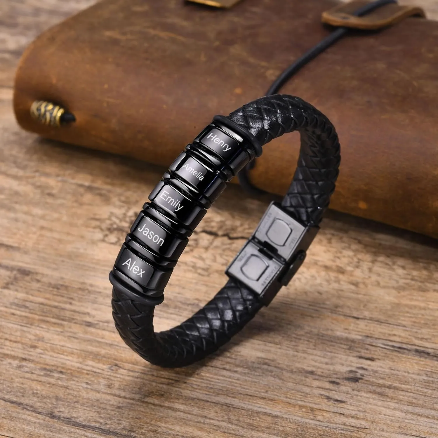 Personalized Leather Bracelet for Men - Leather Braided Custom Bracelets 2-6 Beads Mens Engraved Bracelet Name Customized Bracelets Jewelry Gifts for Husband, Dad, Grandfather