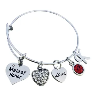 Personalized Maid of Honor Bangle Bracelet with Initial & Birthstone, Custom Maid of Honor, Bridesmaid Bracelet, Gift For Maids of Honor