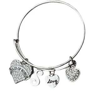 Personalized Maid of Honor Rhinestone Heart Initial Charm Bangle Bracelet, Bridesmaid Proposal, Will You Be My Bridesmaid, Tie the Knot Gift for Teens and Women