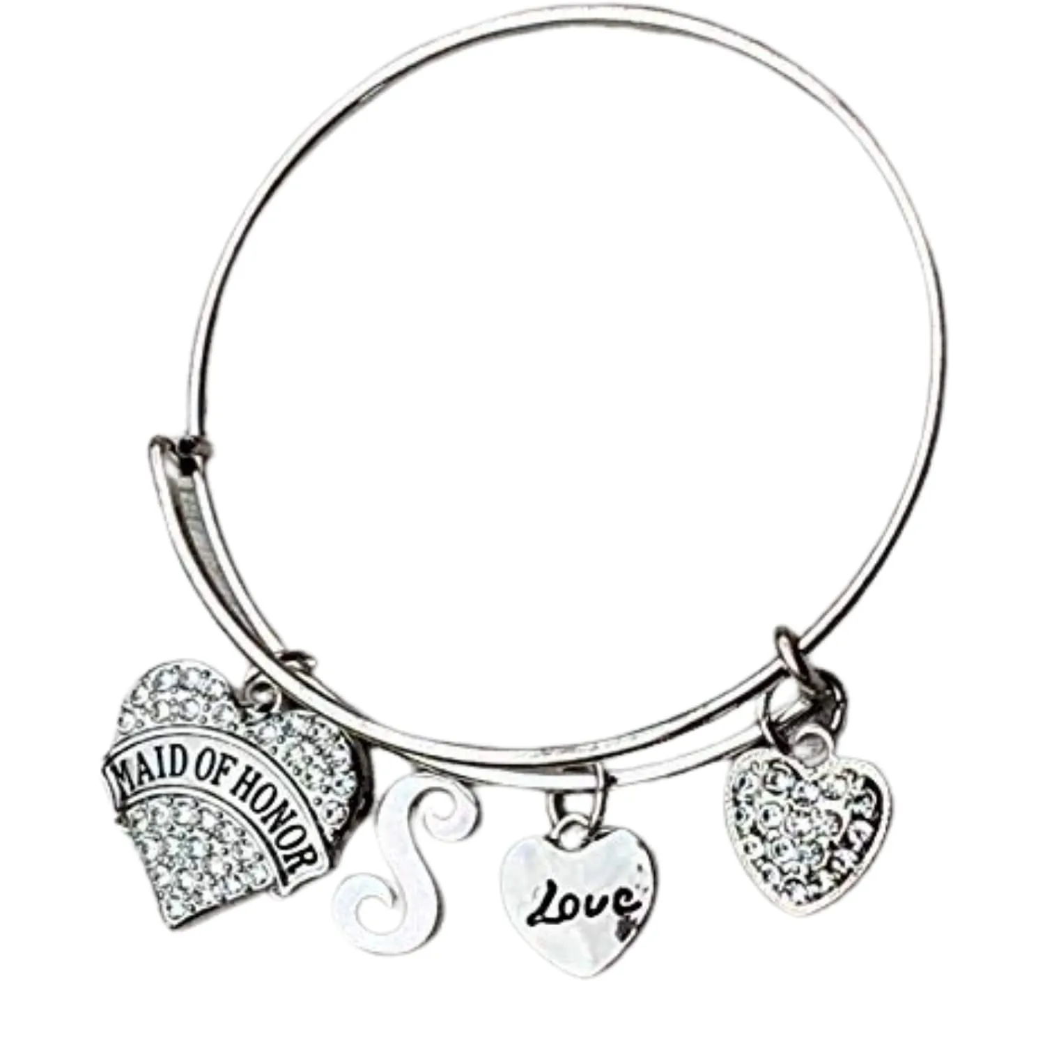 Personalized Maid of Honor Rhinestone Heart Initial Charm Bangle Bracelet, Bridesmaid Proposal, Will You Be My Bridesmaid, Tie the Knot Gift for Teens and Women