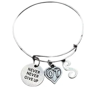 Personalized Occupational Therapist Never Never Give Up Initial Bangle Bracelet - Occupational Therapist Jewelry - Occupational Therapist Gift for Women