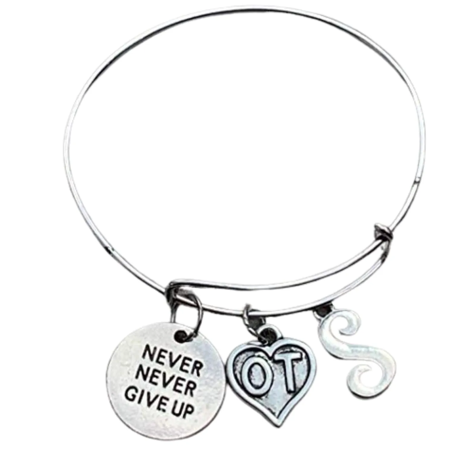 Personalized Occupational Therapist Never Never Give Up Initial Bangle Bracelet - Occupational Therapist Jewelry - Occupational Therapist Gift for Women