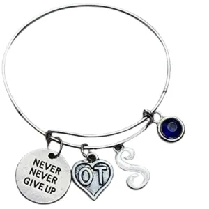 Personalized Occupational Therapist Never Never Give Up Initial Birthstone Bangle Bracelet - Occupational Therapist Jewelry - Occupational Therapist Gift for Women