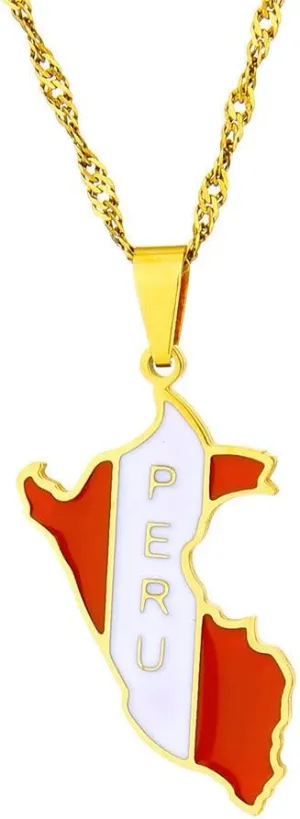 Peru Map and Flag Necklace - Stainless Steel Peru Map and Flag Pendant Necklace Women Vintage Ethnic Style Clavicle Chain Accessories Jewelry Gift for Party Travel