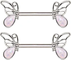 Pierced Owl White Synthetic Opal Butterfly Barbell Nipple Rings, Sold as a Pair