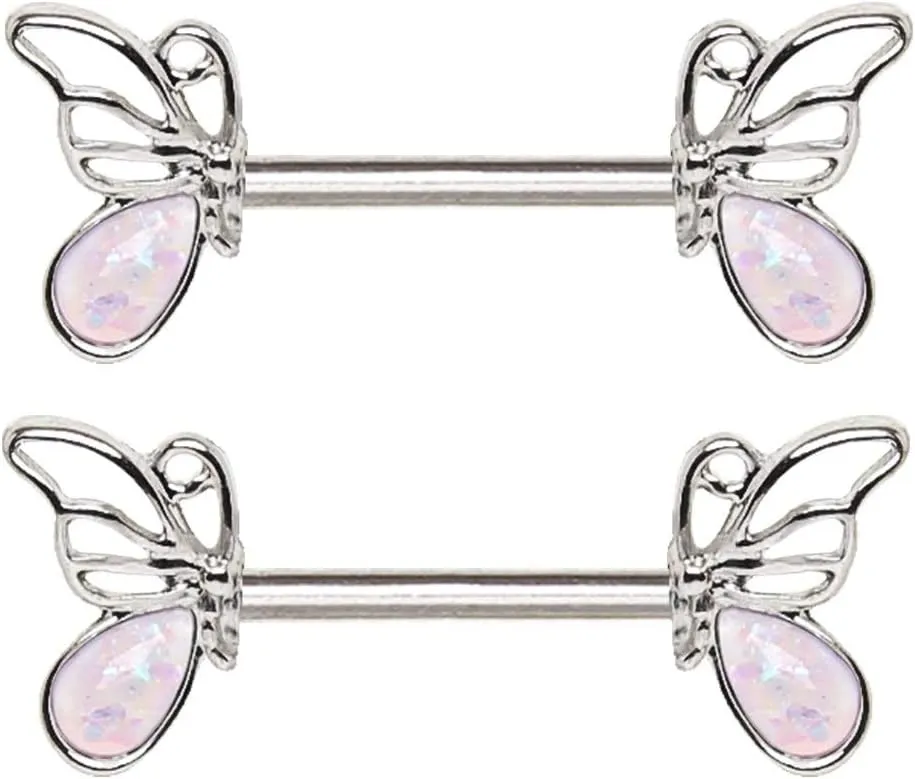 Pierced Owl White Synthetic Opal Butterfly Barbell Nipple Rings, Sold as a Pair