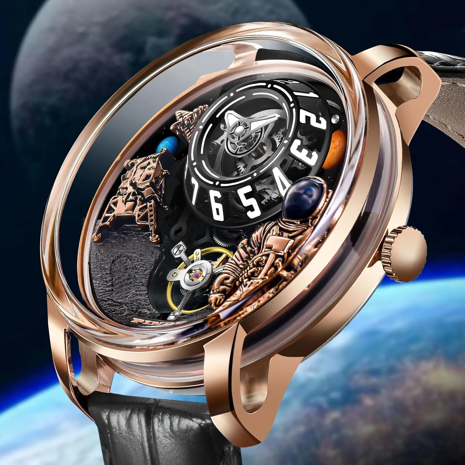 PINDU Space Station Automatic Watches for Men, Automatically 50M Waterproof Mens Unique Space Style, Astronaut Leather Watch Mechanical Watch