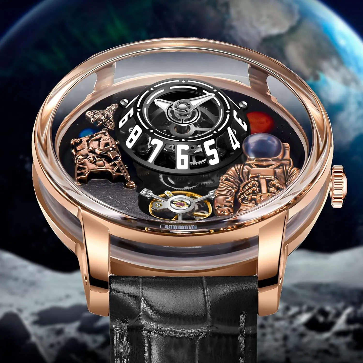 PINDU Space Station Automatic Watches for Men, Automatically 50M Waterproof Mens Unique Space Style, Astronaut Leather Watch Mechanical Watch