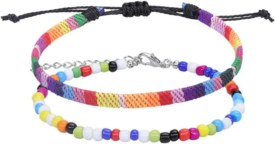 Pingyongchang Boho Rice Beads Ankle Bracelets Colorful Adjustable Hand-Woven Rope Surfer Foot Jewelry Set Handmade Rope Wrap Friendship Bracelets Anklet for Women Men Jewelry Accessories