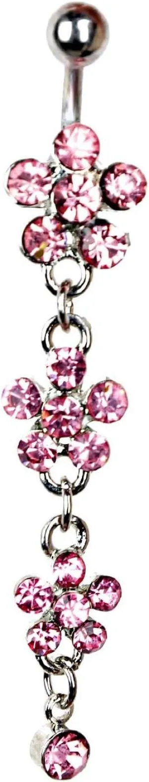Pink Dangle Crystal Rhinestone Flower Navel Rings Body Piercing Jewelry