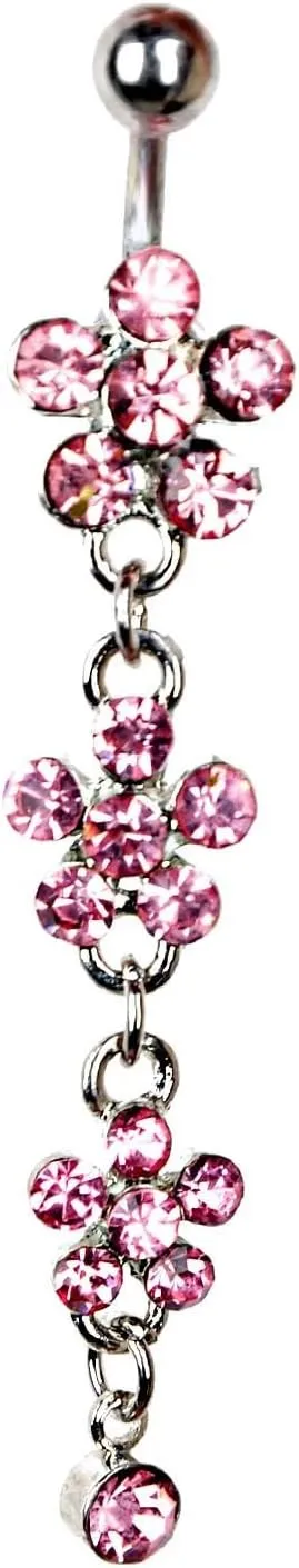 Pink Dangle Crystal Rhinestone Flower Navel Rings Body Piercing Jewelry