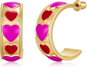 Pink Heart Hoop Earrings Cute Open Hoops for Women Small Gold Plated Half Hoop Huggie Dainty Colorful Heart Earrings for Women