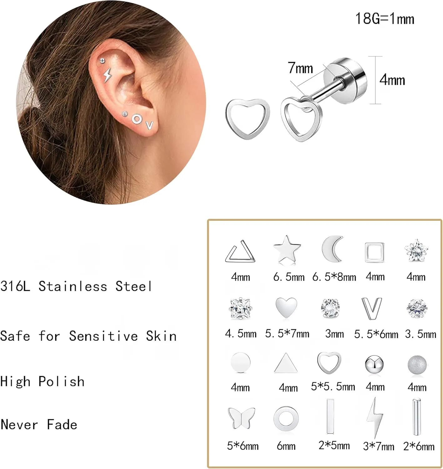 PLOMFOV 20Pairs Stainless Steel Stud Earrings Set for Women Men 18G Cartilage Stud Earrings Moon Star Triangle Circle Heart Square Butterfly CZ Stainless Steel Flat Back Earrings Piercing Jewelry