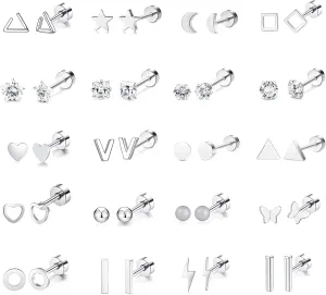 PLOMFOV 20Pairs Stainless Steel Stud Earrings Set for Women Men 18G Cartilage Stud Earrings Moon Star Triangle Circle Heart Square Butterfly CZ Stainless Steel Flat Back Earrings Piercing Jewelry