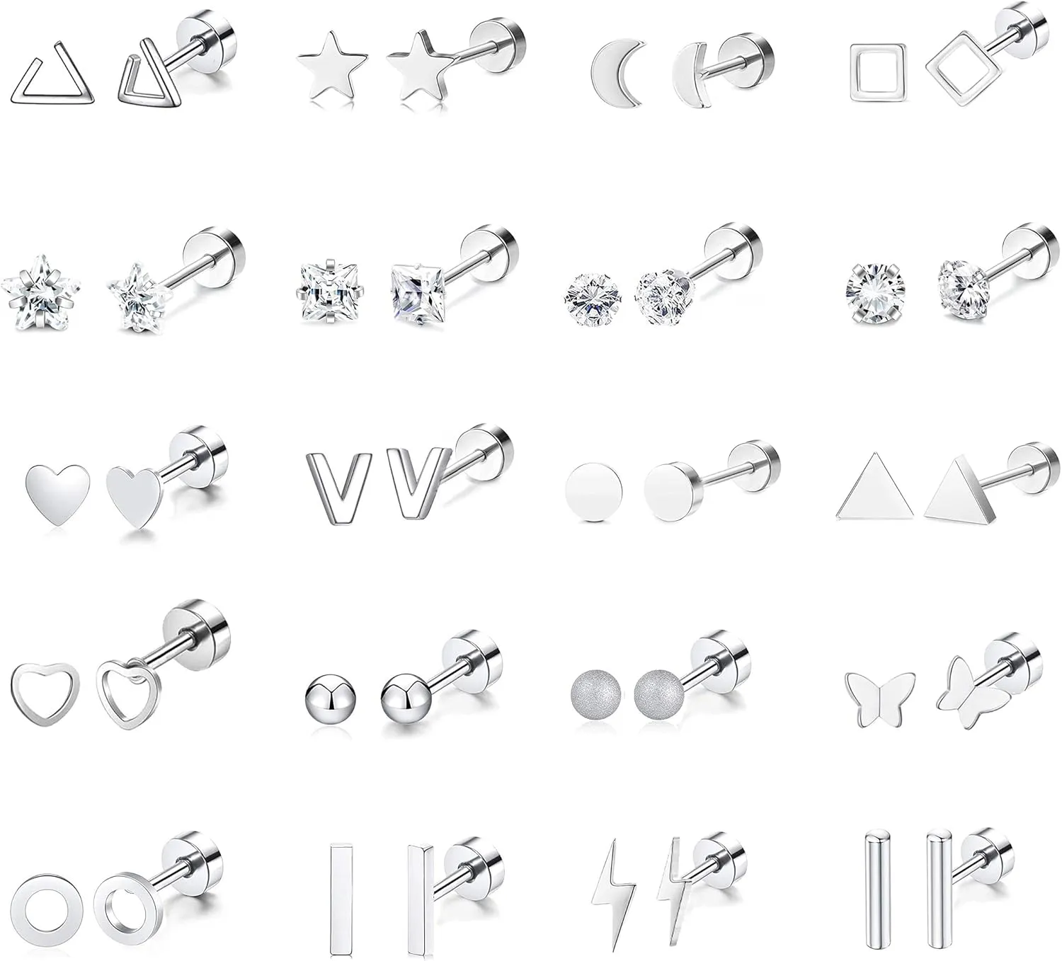 PLOMFOV 20Pairs Stainless Steel Stud Earrings Set for Women Men 18G Cartilage Stud Earrings Moon Star Triangle Circle Heart Square Butterfly CZ Stainless Steel Flat Back Earrings Piercing Jewelry