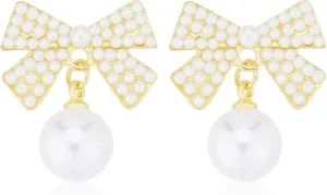 PLwelth Bow Earrings Pearl Drop Earrings for Women Cute Rhinestone Dangle Long Tassel Earrings Gifts for Her Christmas