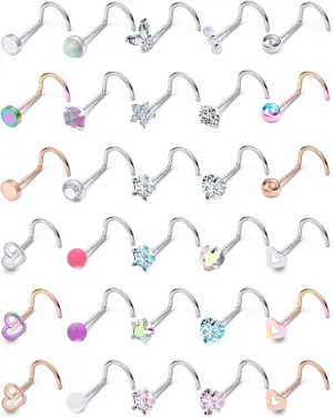 Prjndjw 20G 18G Nose Rings Studs Surgical Steel Nose Stud Glow Dark Heart Opal CZ Flower Nose Piercing Jewelry Nose Rings for Women Straight Screw L Shaped Nose Rings Hypoallergenic Nose Piercing Kit