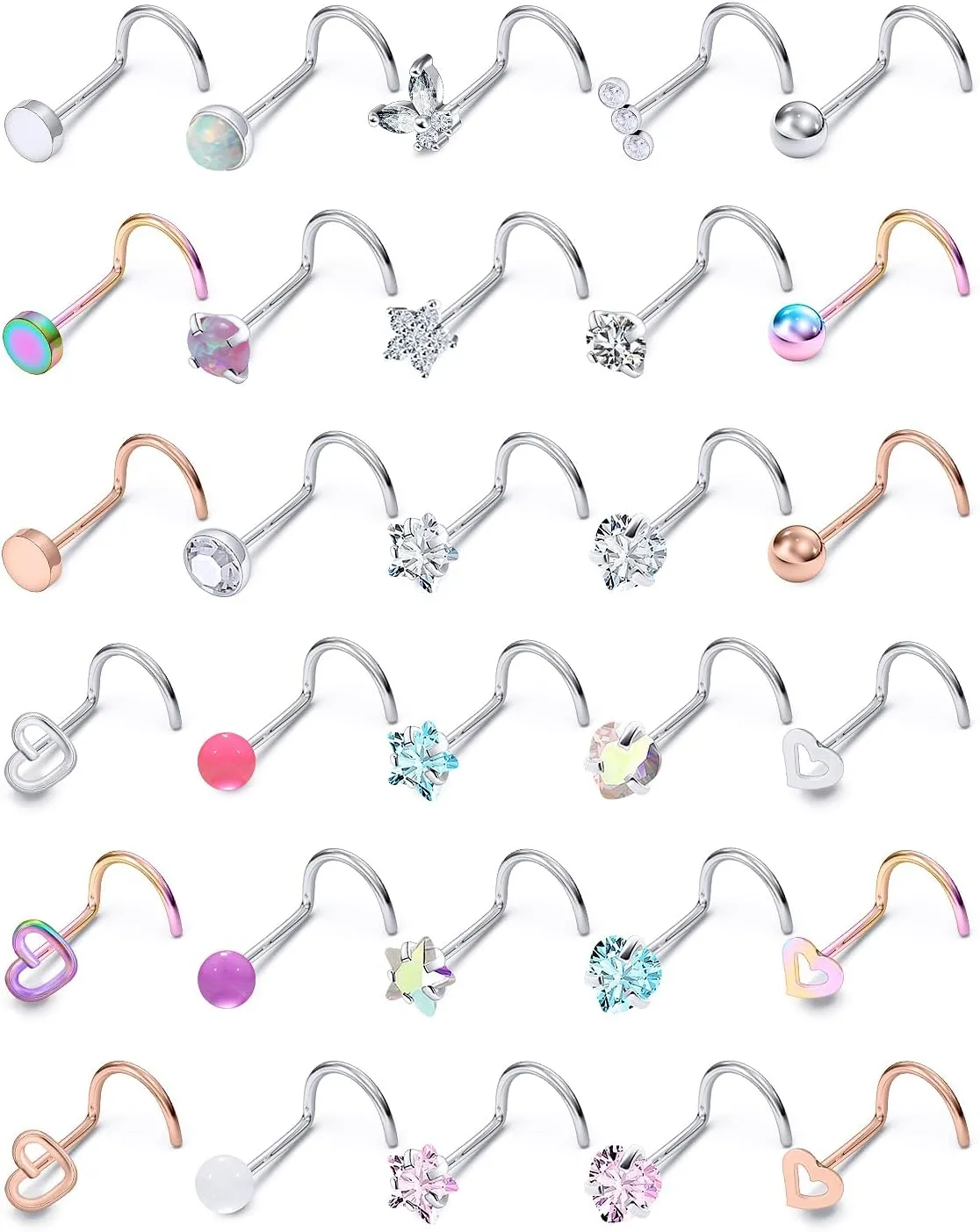 Prjndjw 20G 18G Nose Rings Studs Surgical Steel Nose Stud Glow Dark Heart Opal CZ Flower Nose Piercing Jewelry Nose Rings for Women Straight Screw L Shaped Nose Rings Hypoallergenic Nose Piercing Kit