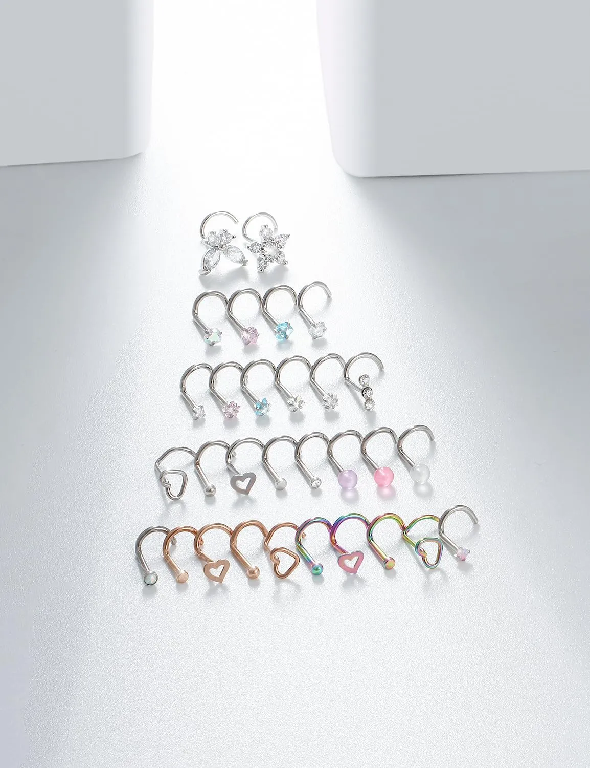 Prjndjw 20G 18G Nose Rings Studs Surgical Steel Nose Stud Glow Dark Heart Opal CZ Flower Nose Piercing Jewelry Nose Rings for Women Straight Screw L Shaped Nose Rings Hypoallergenic Nose Piercing Kit