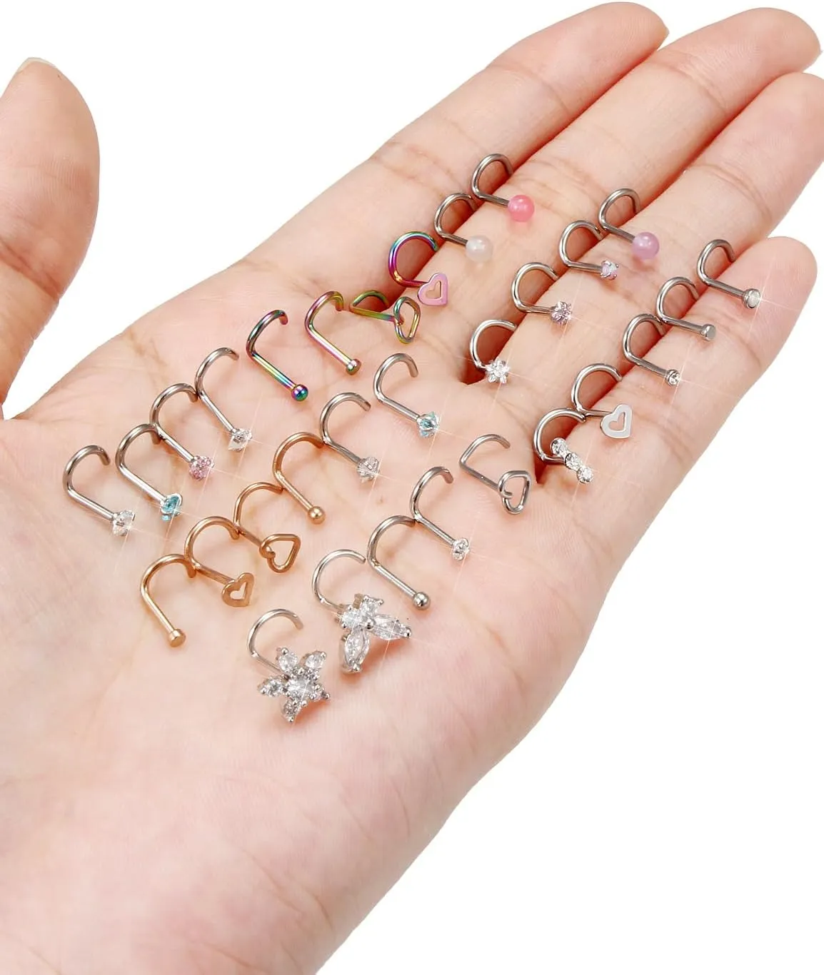 Prjndjw 20G 18G Nose Rings Studs Surgical Steel Nose Stud Glow Dark Heart Opal CZ Flower Nose Piercing Jewelry Nose Rings for Women Straight Screw L Shaped Nose Rings Hypoallergenic Nose Piercing Kit