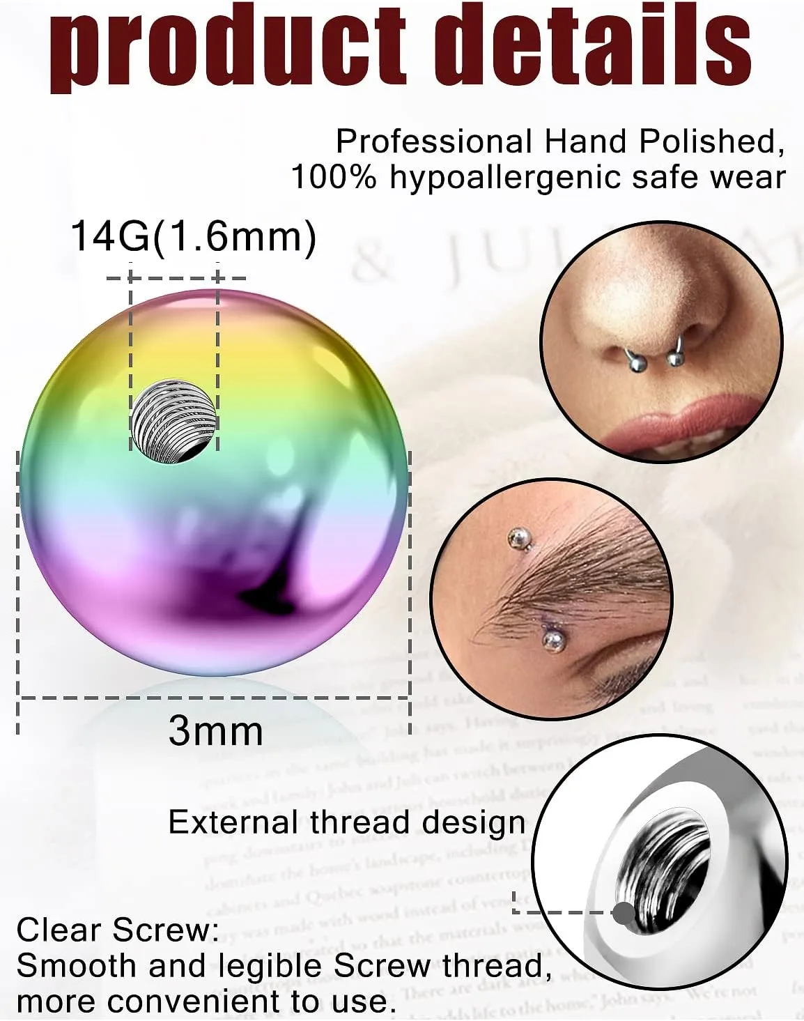 Prjndjw 30Pcs 14G 16G Replacement Balls Externally Threaded Surgical Steel Round Tongue Nipple Belly button Lip Rings Septum Piercing Barbell Earrings Parts 3mm 5mm Silver/black Piercing Balls