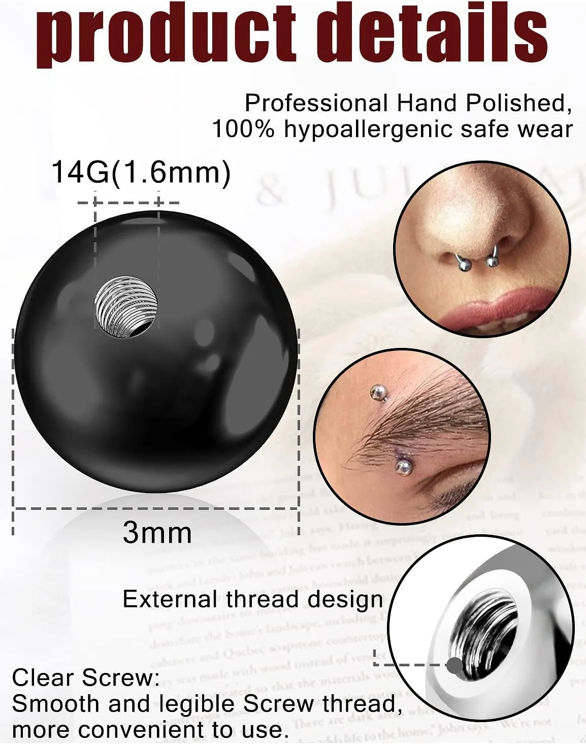 Prjndjw 30Pcs 14G 16G Replacement Balls Externally Threaded Surgical Steel Round Tongue Nipple Belly button Lip Rings Septum Piercing Barbell Earrings Parts 3mm 5mm Silver/black Piercing Balls