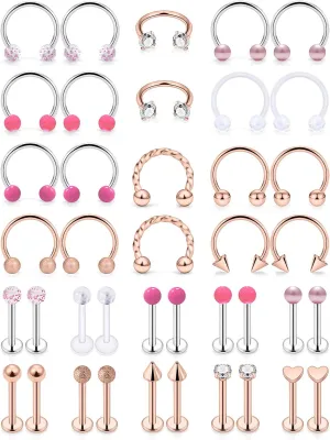 Prjndjw 40Pcs 16g Lip Rings Surgical Stainless Steel Horseshoe Labret Monroe Lip Rings Nail Tragus Helix Earrings Studs Ring Medusa Piercing Jewelry 8mm Glow Dark