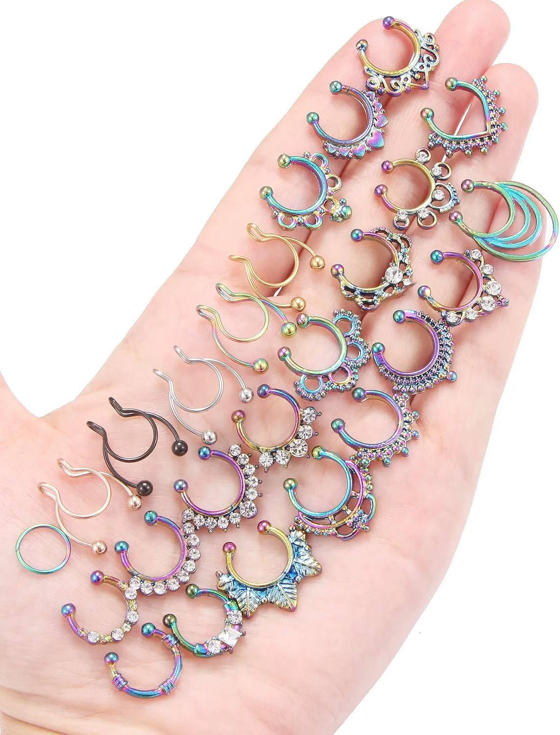 Prjndjw Fake Septum Nose Hoop Rings Stainless Steel Faux Lip Ear Nose Septum Ring Non Piercing Clip On Nose Hoop Rings Body Piercing Jewelry 25PCS Women Men