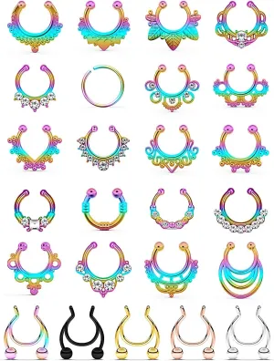 Prjndjw Fake Septum Nose Hoop Rings Stainless Steel Faux Lip Ear Nose Septum Ring Non Piercing Clip On Nose Hoop Rings Body Piercing Jewelry 25PCS Women Men