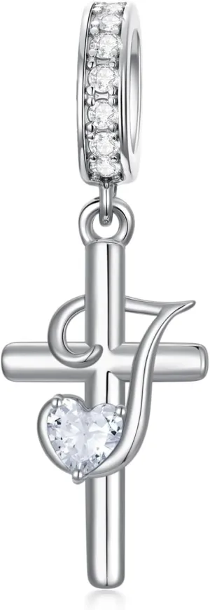 PROESS Initial Cross Charm 925 Sterling Silver Letter A B C Pendant Dangle Charm Beads for Bracelet Initial Cross Jewelry Gifts for Women