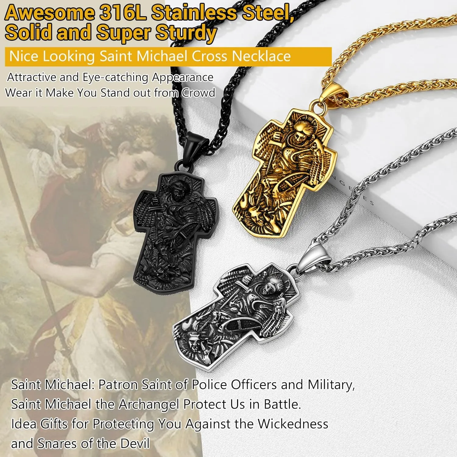 PROSTEEL St. Michael Necklaces, The Great Protector Archangel Amulet Necklace, Black/18K Gold Plated 316L Stainless Steel/925 Sterling Silver, Customize Words Available, Come with Box