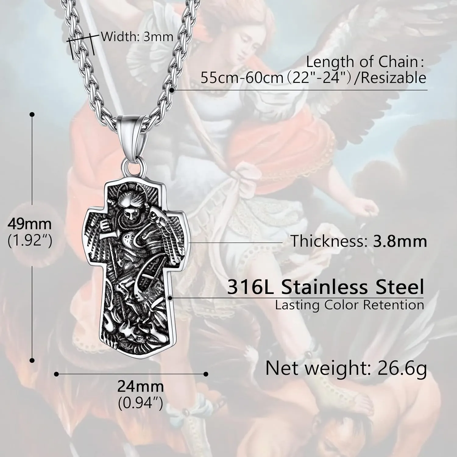 PROSTEEL St. Michael Necklaces, The Great Protector Archangel Amulet Necklace, Black/18K Gold Plated 316L Stainless Steel/925 Sterling Silver, Customize Words Available, Come with Box