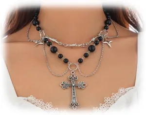 Punk Gothic Cross Pendant Necklace Multi Layered Beaded Necklace Wedding Bridal Pearl Collar Necklace Statement Bow Tie Clavicle Chain Jewelry for Women