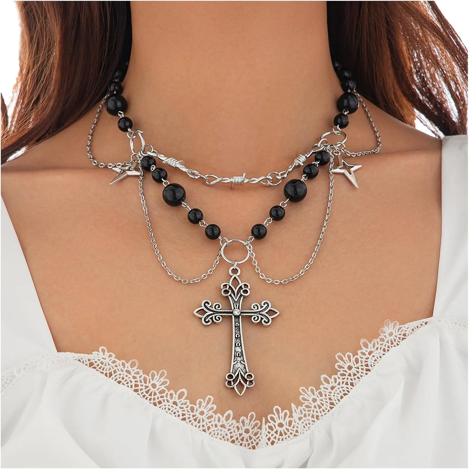 Punk Gothic Cross Pendant Necklace Multi Layered Beaded Necklace Wedding Bridal Pearl Collar Necklace Statement Bow Tie Clavicle Chain Jewelry for Women