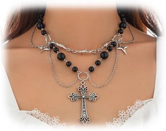 Punk Gothic Cross Pendant Necklace Multi Layered Beaded Necklace Wedding Bridal Pearl Collar Necklace Statement Bow Tie Clavicle Chain Jewelry for Women