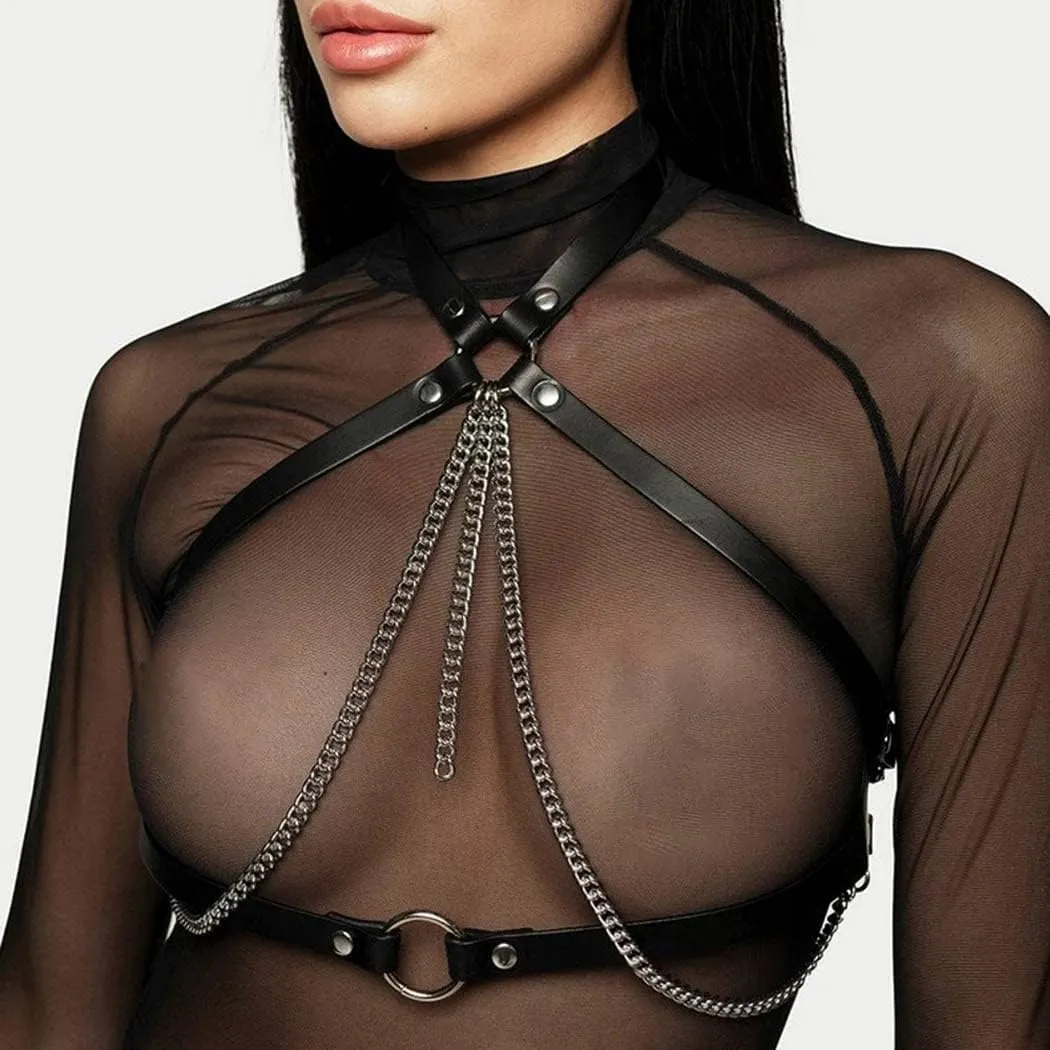 Punk Leather Body Chain Black Harness Waist Belt Goth Body Necklace Belt Party Nightclub Body Accessories for Women