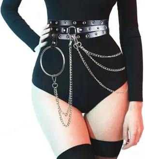 Punk Waist Chain Black Leather Body Chain Harness Belly Belt Chains Nightclub Party Body Accessories Jewelry for Women (R)