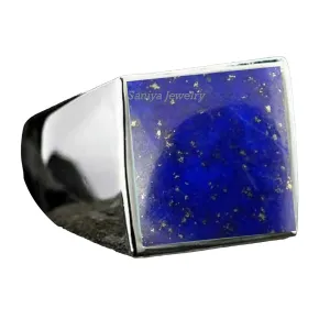 Pure 925 Sterling Silver Lapis Lazuli Square Gemstone Signet Ring For Men/Boys, Unique Handmade Gifts Ring For Him