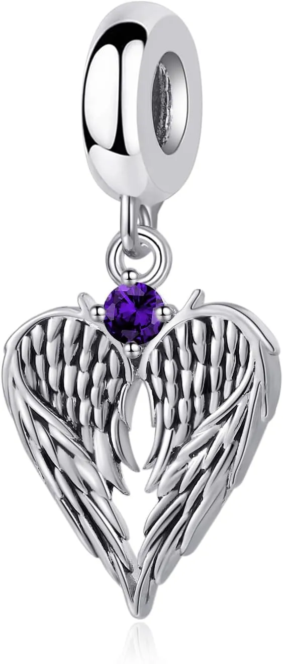 QeenseKc 12 Birthstone Angel Wing Dangle Charm for Pandora Bracelet Women Present