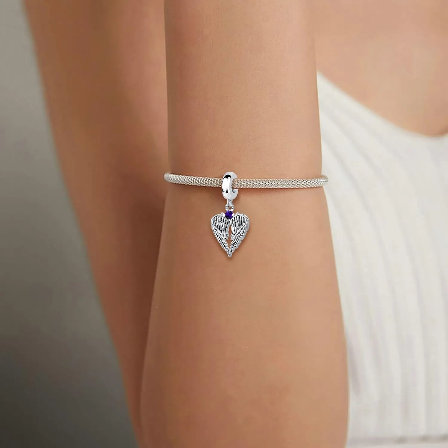 QeenseKc 12 Birthstone Angel Wing Dangle Charm for Pandora Bracelet Women Present