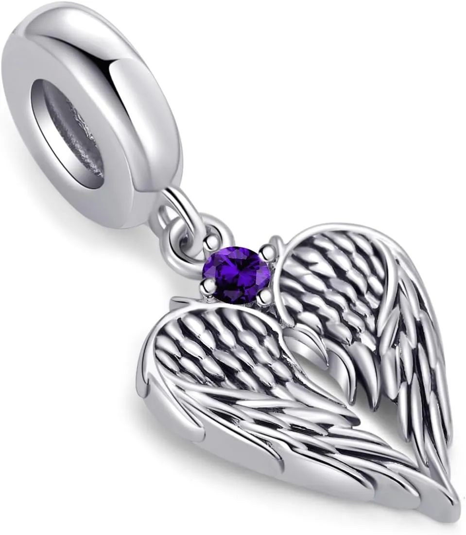 QeenseKc 12 Birthstone Angel Wing Dangle Charm for Pandora Bracelet Women Present