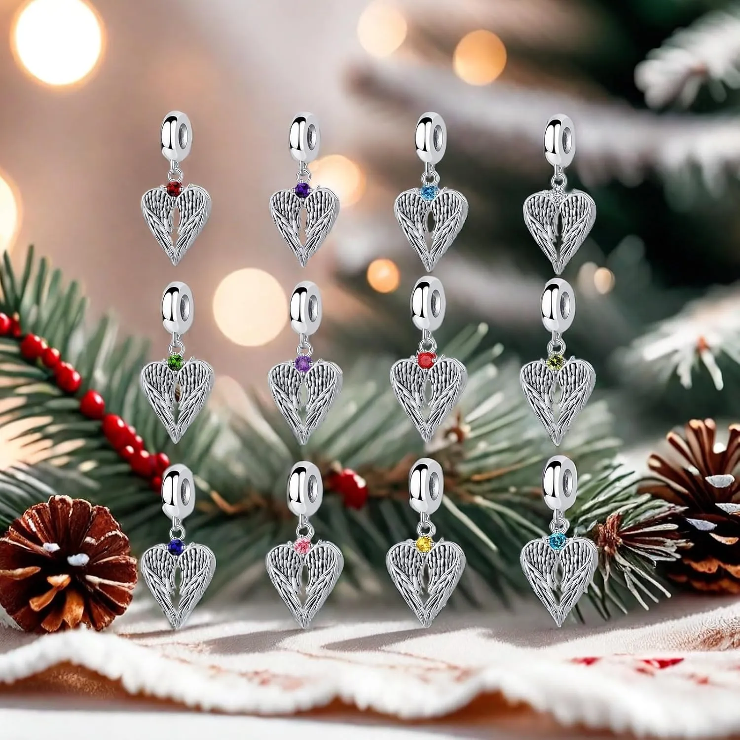 QeenseKc 12 Birthstone Angel Wing Dangle Charm for Pandora Bracelet Women Present