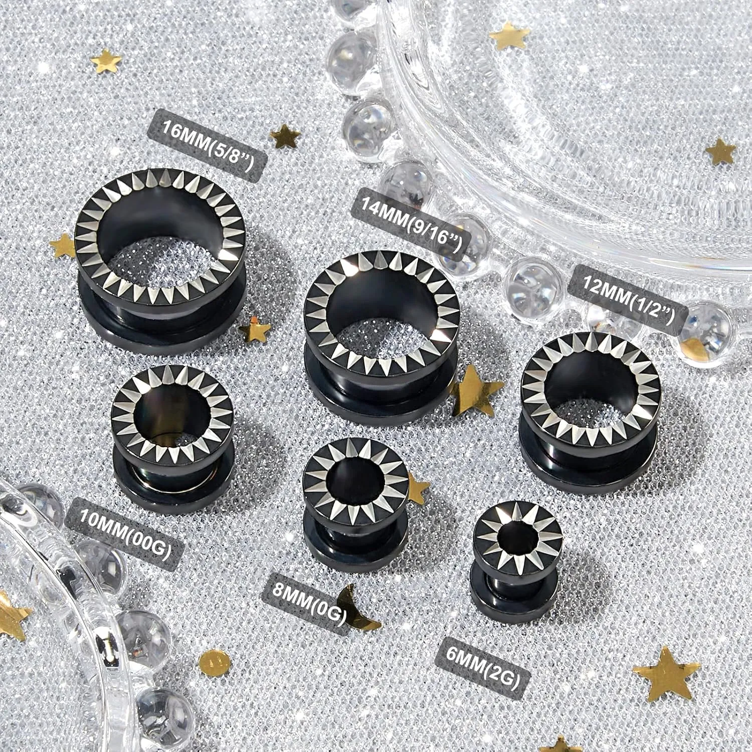 Qmcandy 8pcs Stainless Steel Gauges for Ear Tunnels Plugs with Unique Line Double Flared Black Ear Stretchers Earrings Piercing 2g-5/8
