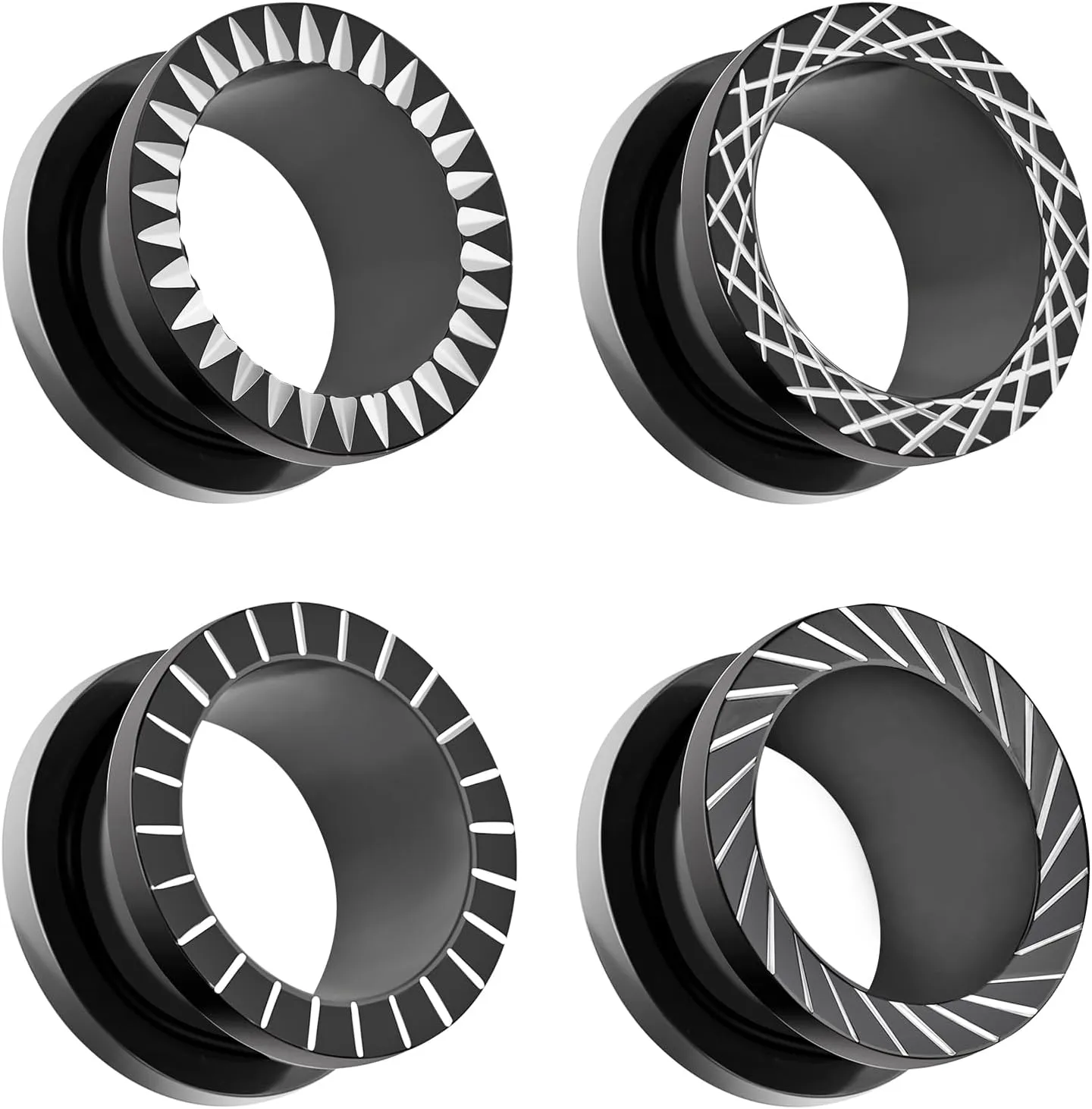 Qmcandy 8pcs Stainless Steel Gauges for Ear Tunnels Plugs with Unique Line Double Flared Black Ear Stretchers Earrings Piercing 2g-5/8
