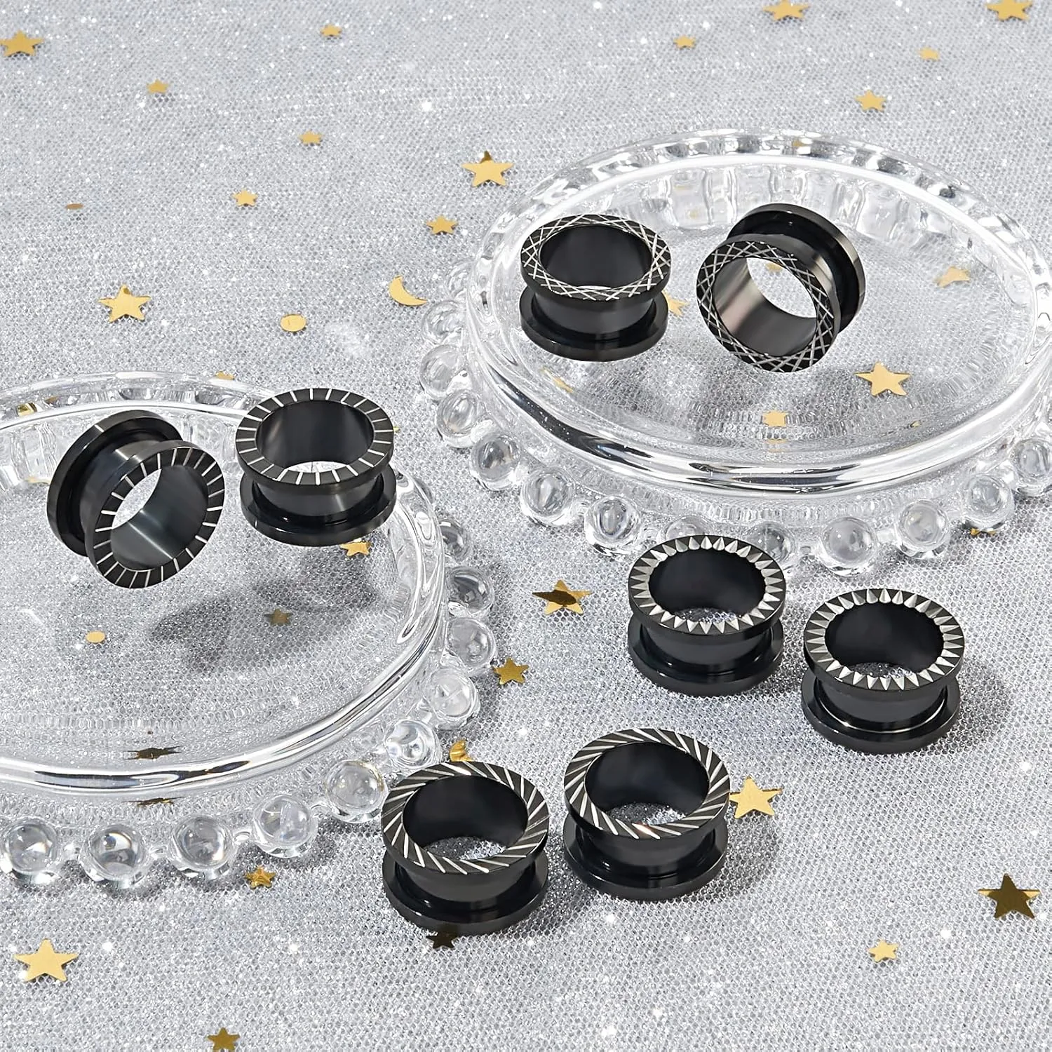 Qmcandy 8pcs Stainless Steel Gauges for Ear Tunnels Plugs with Unique Line Double Flared Black Ear Stretchers Earrings Piercing 2g-5/8