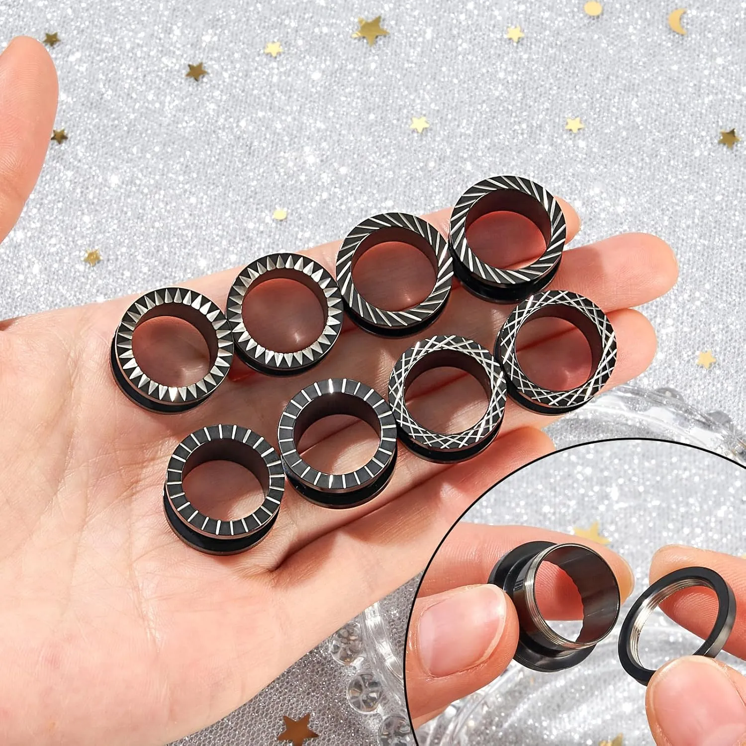 Qmcandy 8pcs Stainless Steel Gauges for Ear Tunnels Plugs with Unique Line Double Flared Black Ear Stretchers Earrings Piercing 2g-5/8