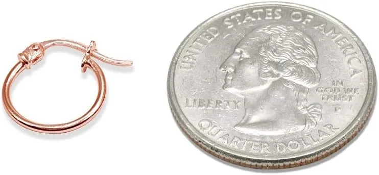"Rose Gold Flashed Sterling Silver Tiny or Small High Polished Round Thin Lightweight Unisex Click-Top Hoop Earrings, Choose a Size"
